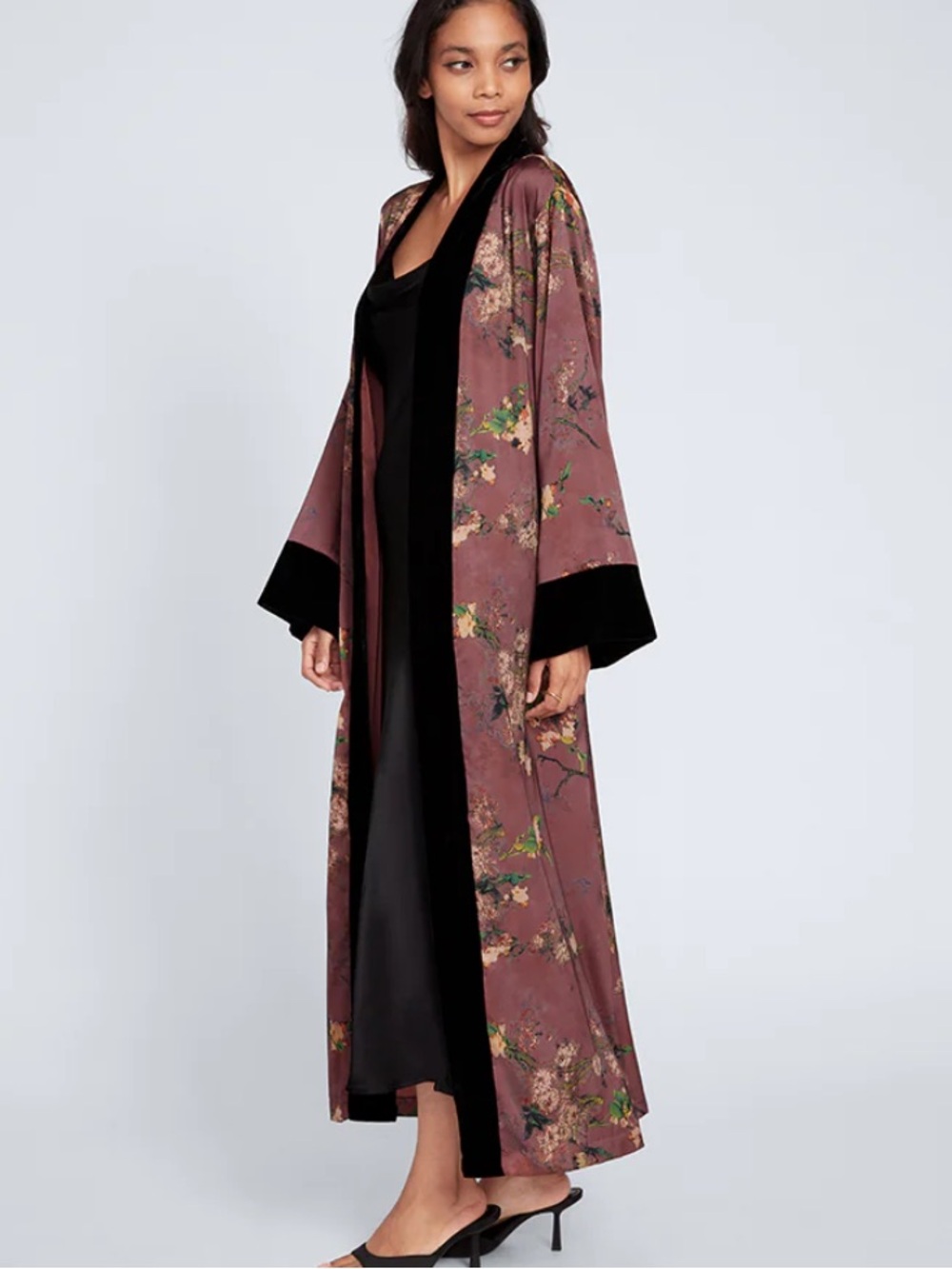 Kim+ono HARUKA LONG KIMONO WRAP pink floral velvet trim one size
